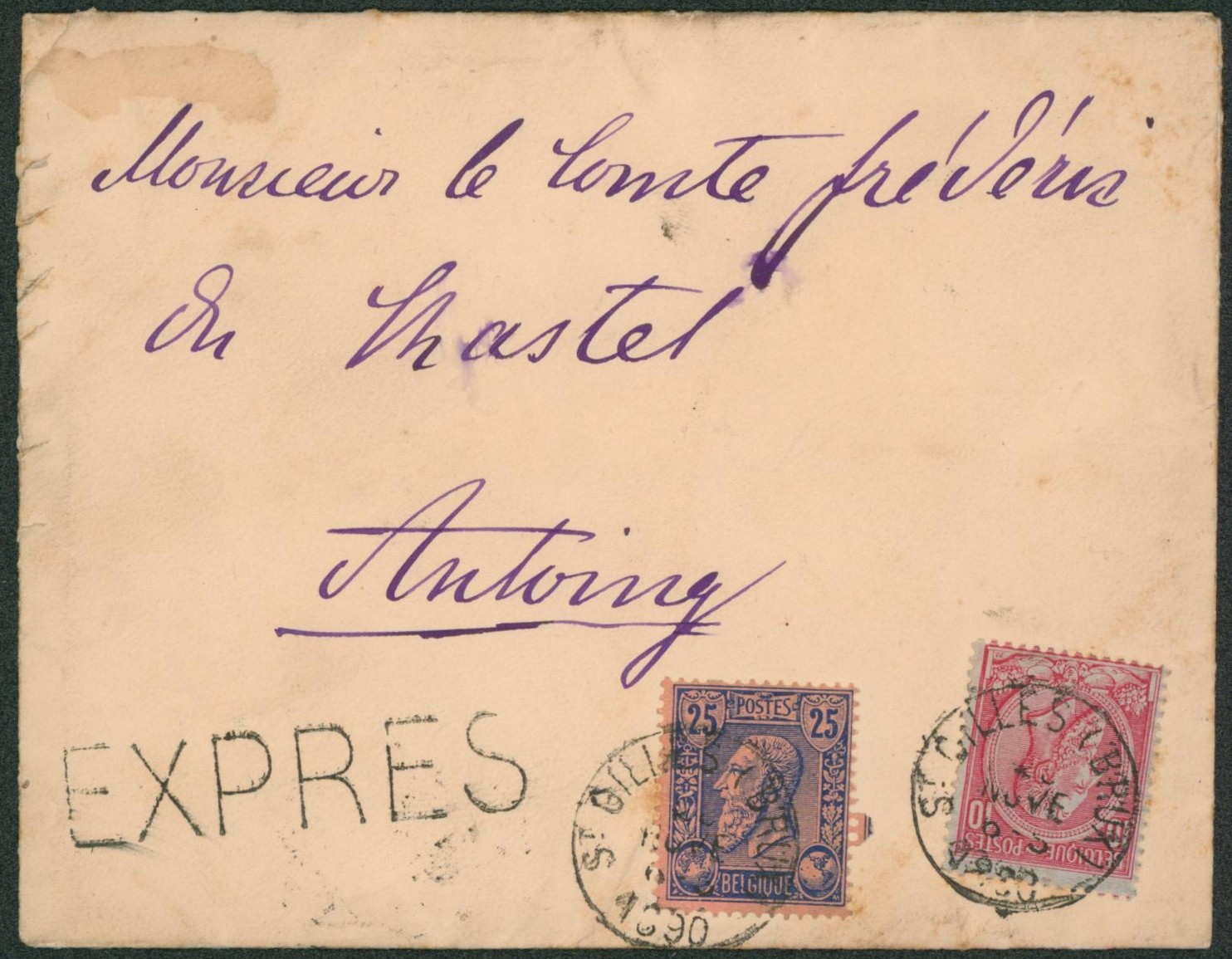 n°46 et 47 sur lettre en expres de St-Gilles (Brux.) > Antoing, monsieur le comte frédéric.