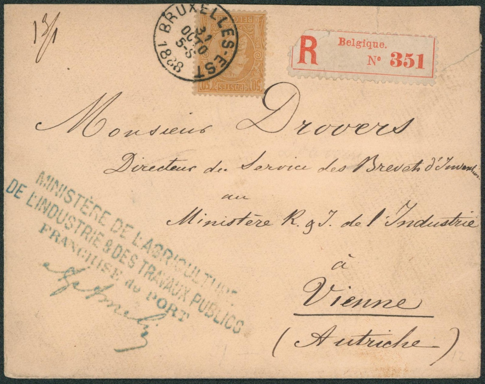n°50 sur lettre en recommandé de Bruxelles-Est + griffe "Ministère de l'agriculture" (Franchise de port non valable pour l'étranger) > Vienne (Autriche).
