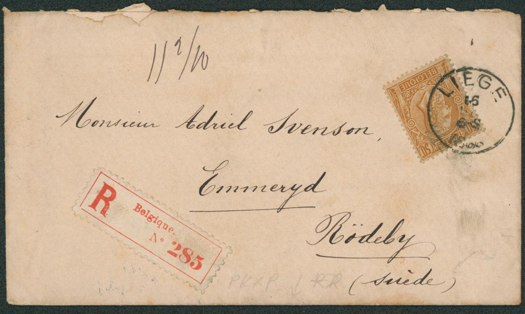 n°50 sur lettre en recommandé de Liège > Rödeby (Suède) Bonne destination + cachet d'arrivée au verso.