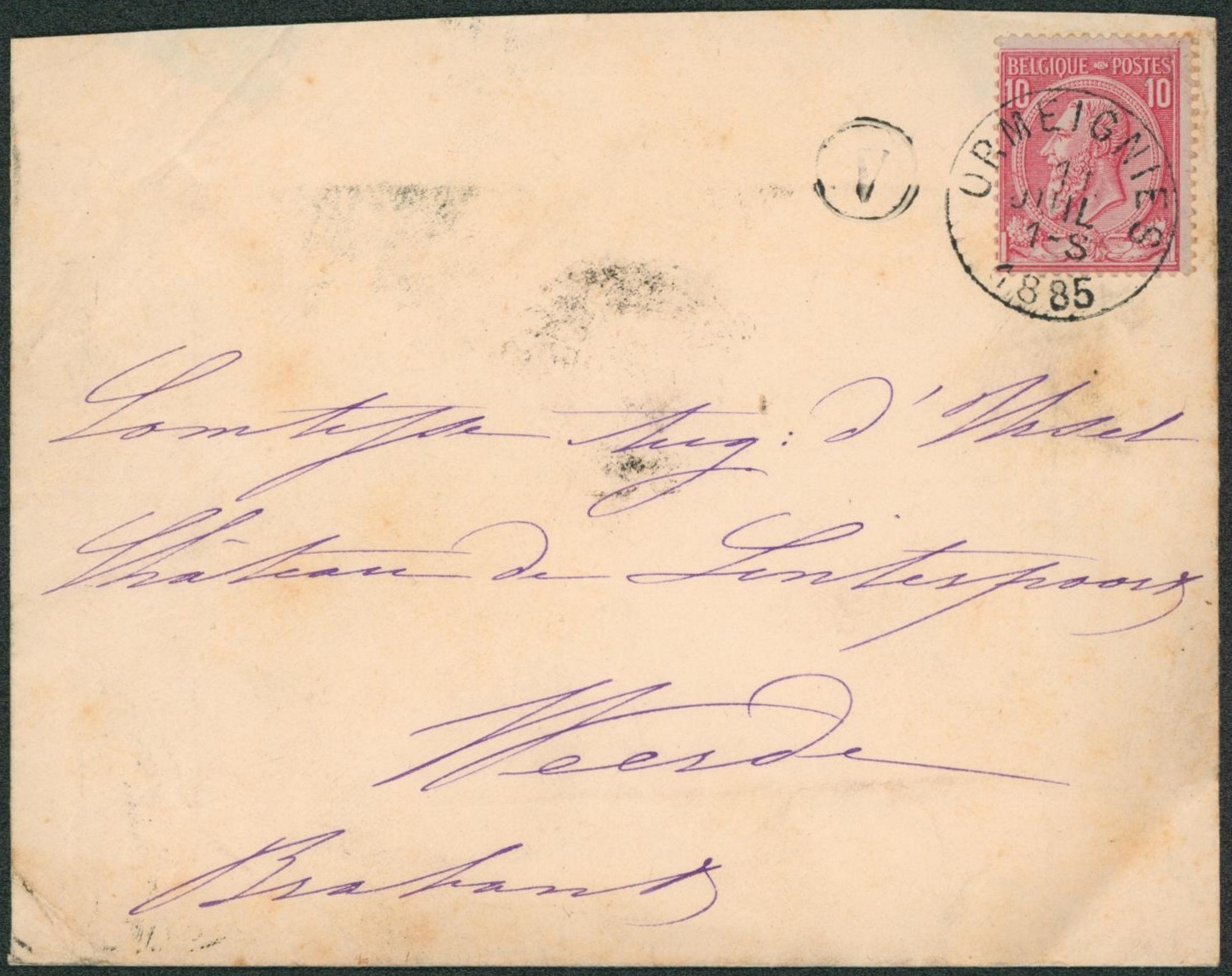 n°46 sur lettre obl simple cercle "Ormegnies" + boite rurale "V" > Weerde.