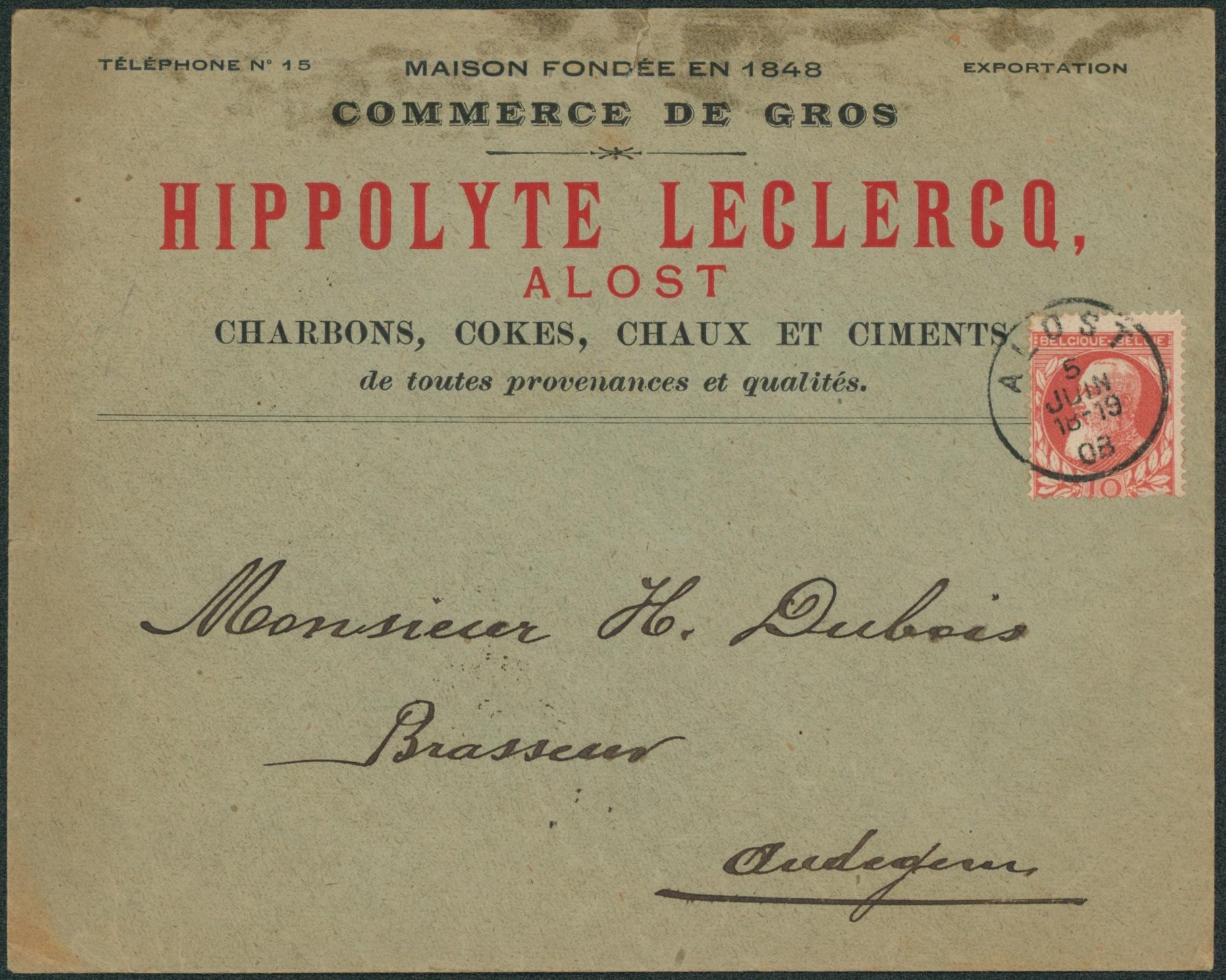 n°74 sur lettre à en-tête (Commerce en gros) expédié de Alost > Audegem.