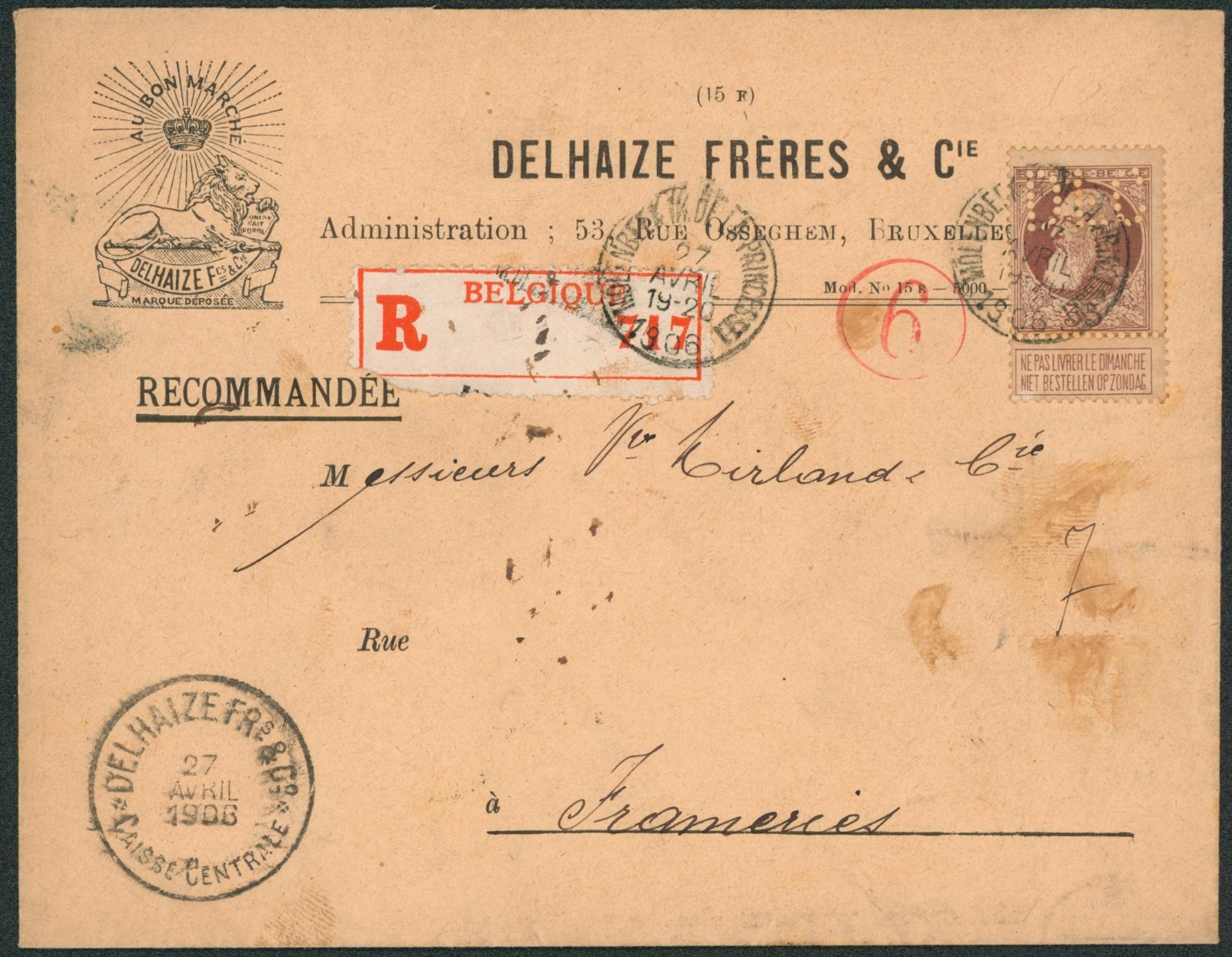 n°77 perforé sur lettre en recommandé (Delhaize Frs & Cie) + cachet de la compagnie et cachet de cire çàd Bruxelles > Frameries