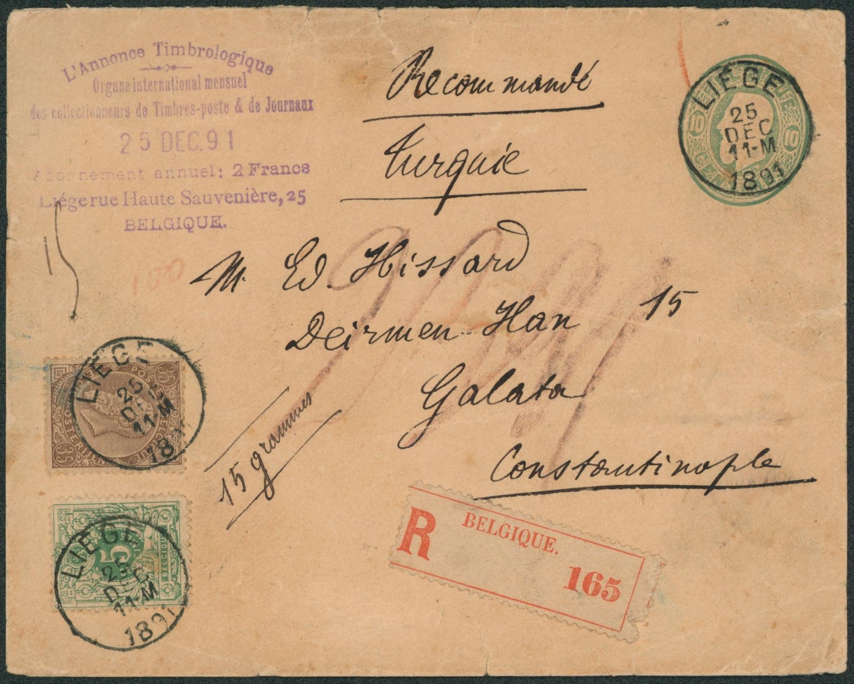 EP au type Env. 10ctm vert + n°45 et 49 en recommandé de Liège (L'annonce timbrologique, organe international des collectionneurs de timbres) > Constantinople, Turquie.