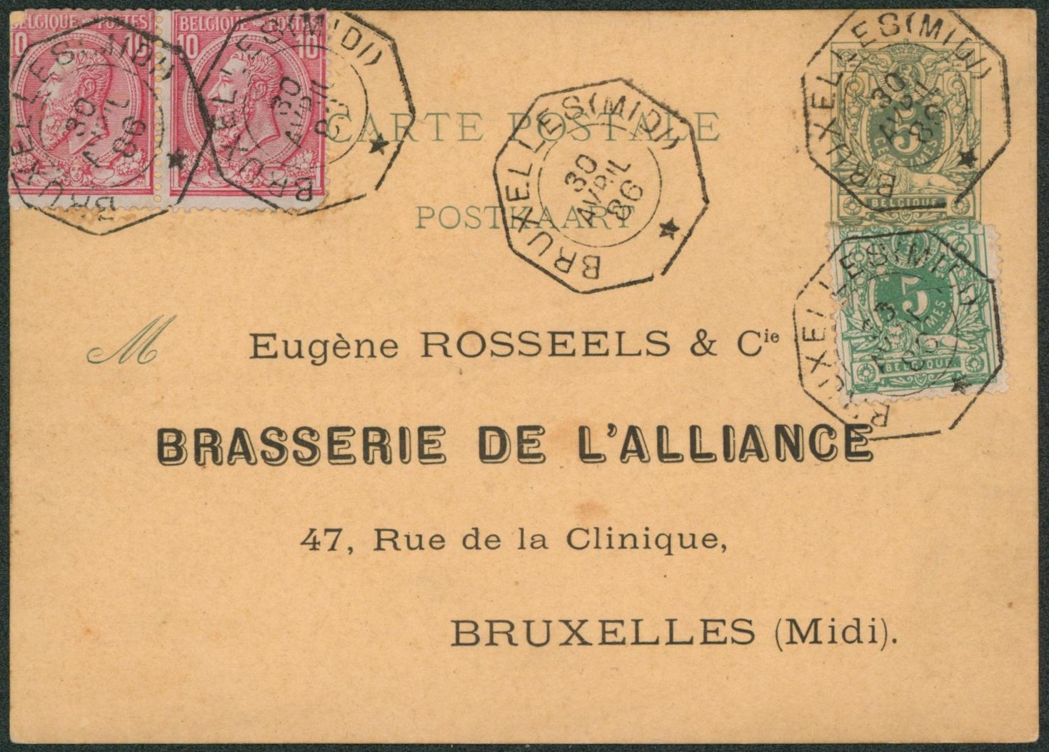 EP au type 5ctm vert + n°45 et 46 x2 çàd expédié en expres obl télégraphique "Bruxelles (Midi)" > Repiquage BRASSERIE DE L ALLIANCE à Bruxelles.