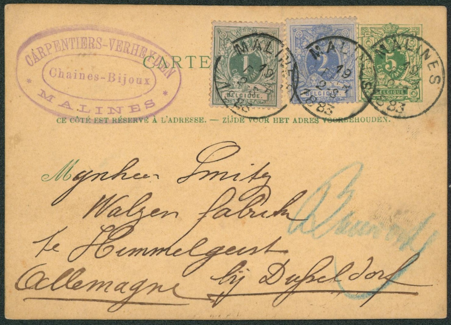 EP au type 5ctm vert + n°26 et 27 obl simple cercle "Malines" + cachet privé (Chaines bijoux, bijoutier) > Dusseldorf (Allemagne)