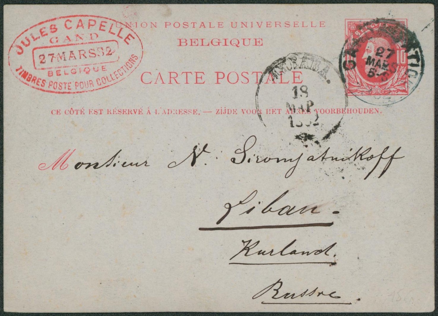 EP au type 10ctm rouge obl simple cercle "Gand (station)" + cachet privé (Marchand de timbre, J. Capelle) > Liouban ? (Russie).