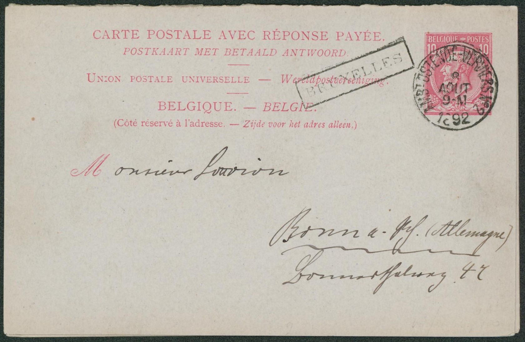 EP (double) au type 10ctm rose obl ambulant "Ambt-Ostende-Verviers n°2" + griffe encadrée BRUXELLES > Allemagne. Sans texte, réponse neuve.