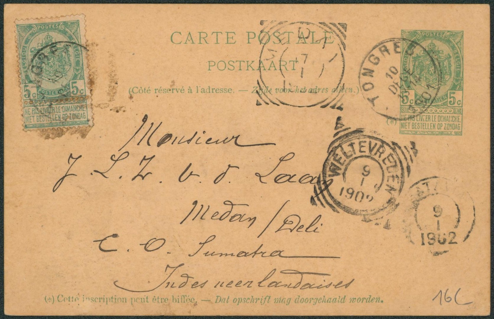 EP au type 5ctm vert + n°56 obl simple cercle "Tongres" > Deli C.O. Sumatra (Indes néerlandaises) via Wletevreden. Destination