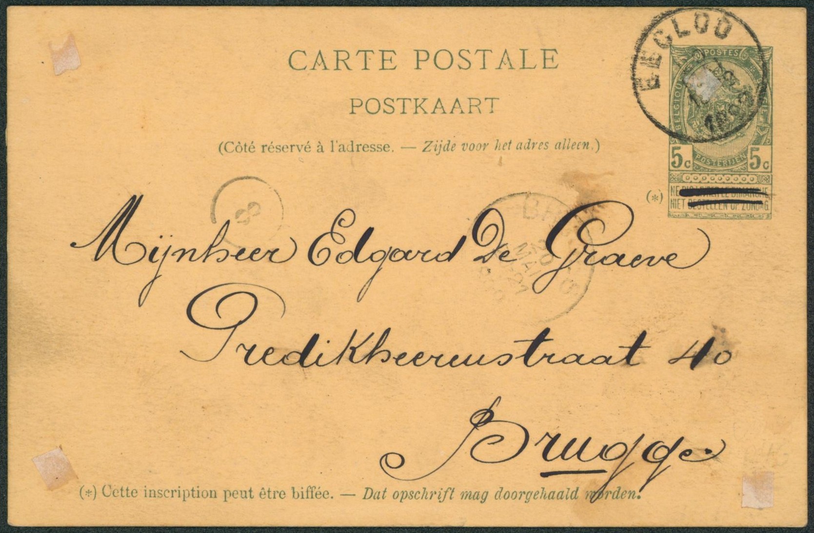 EP au type 5ctm vert obl simple cercle "Eecloo" > Brugge. Légère trace d'adhérence sur le recto. Verso illustré ! EECLOO.
