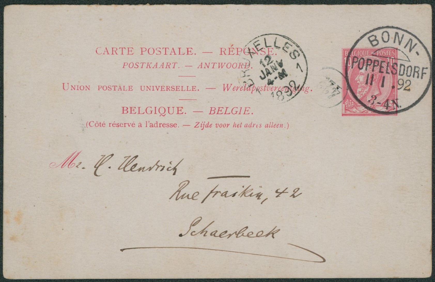 EP (réponse) au type 10ctm rose expédié de Bonn (Allemagne) > Schaerbeek. Texte