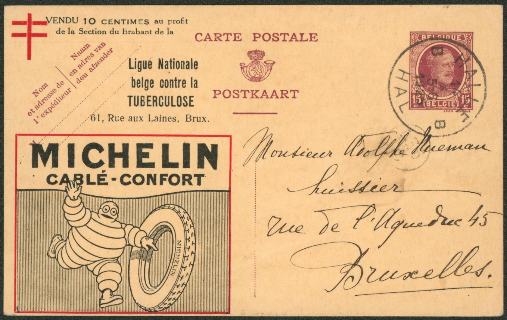 EP au type carte annonce (SBEP n° C.P.A. 28 MICHELIN) vendu 10ctm au profit de la ligue national belge contre la tuberculose, voyagé de Halle / Hal > Bruxelles. TTB !