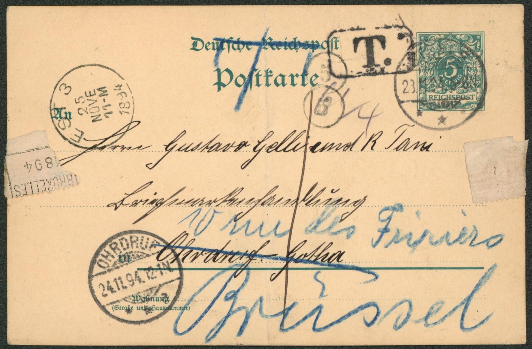 Entier allemand au type 5 Pfennig vert expédié de Ohrdruf > Ohrdruf suivi Bruxelles via Est 3. Taxé ! Pli