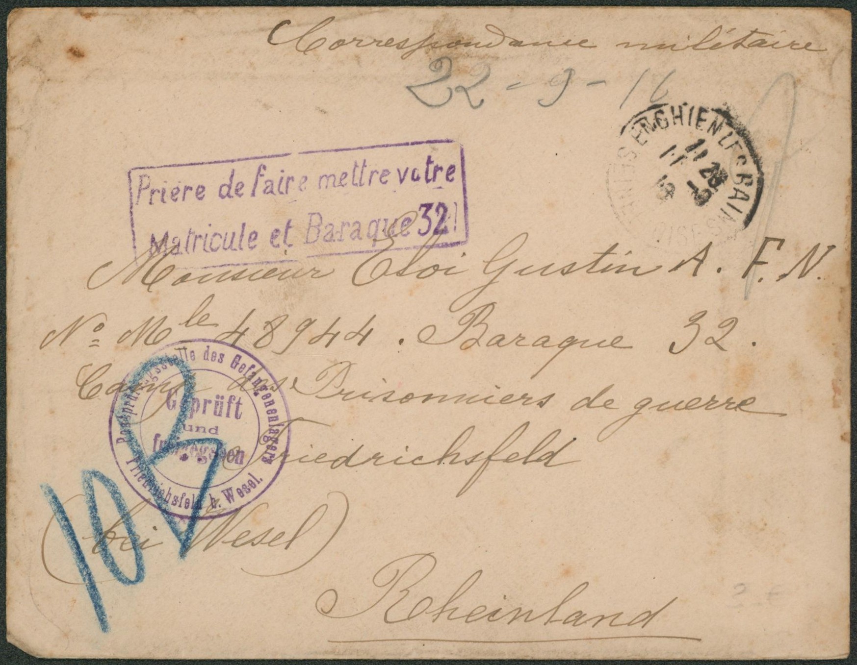 Lettre (correspondance militaire) expédié de Enghien-les-bains > Camp de prisonniers de guerres Friedrichsfled + encadré manuel "Priere de faire mettre votre matricule et baraque 32 !".