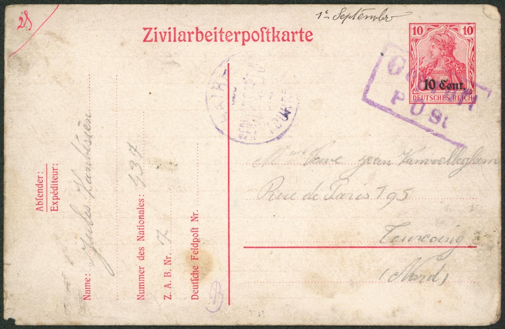 Zivilarbeiterpostkarte annulé par cachet gepruft "PUst" > Tourcoing + cachet de la mairie.