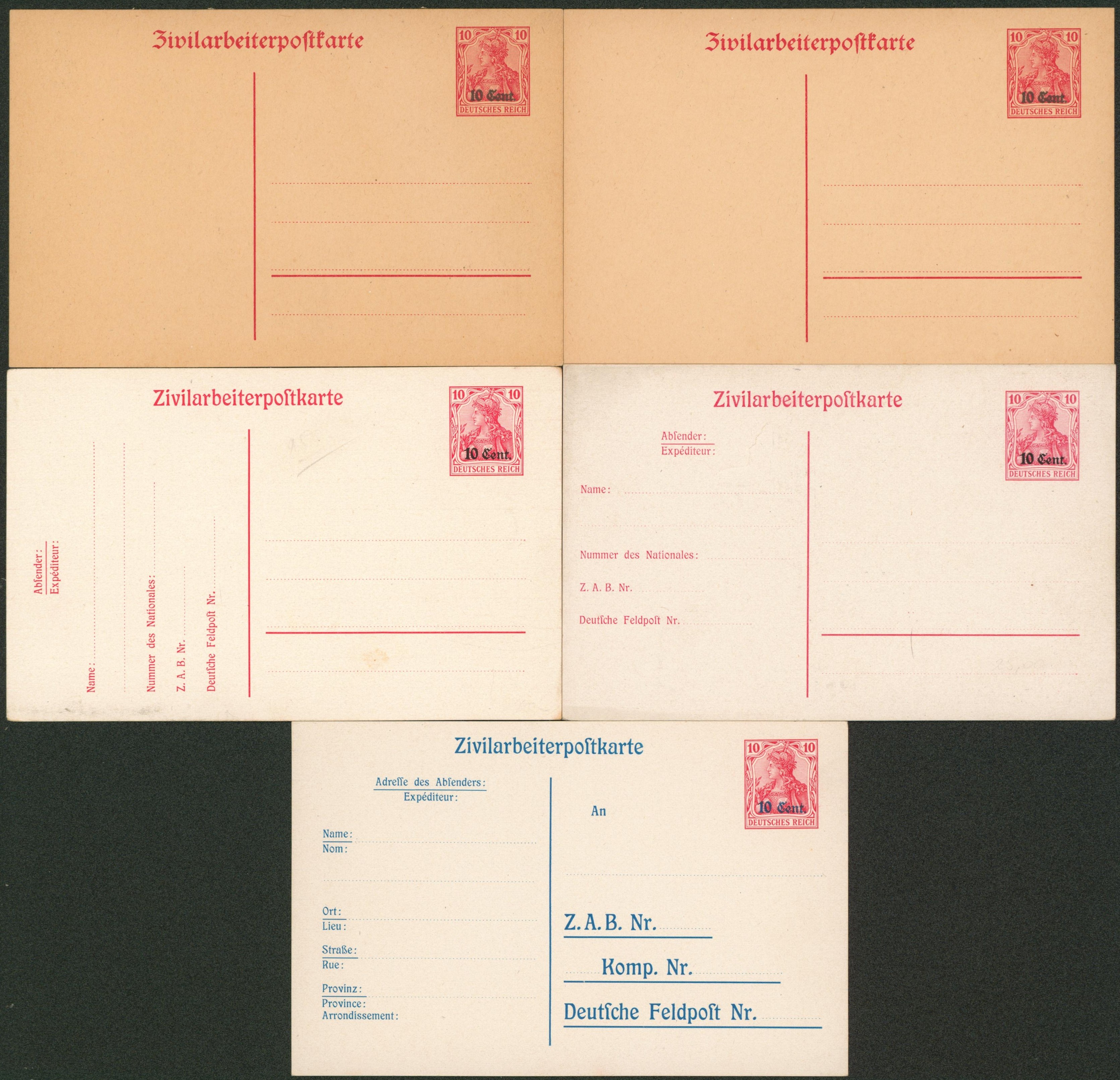 Zivilarbeiterpostkarte : ensemble d'entier neuf x5 pour étude de type. Bel ensemble