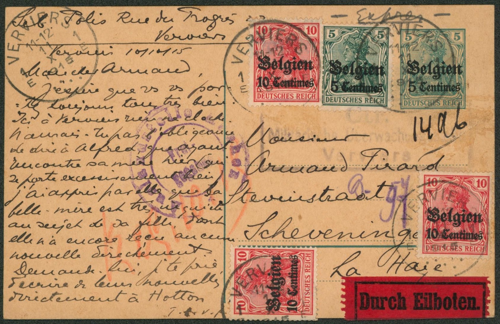 EP au type 5ctm vert + OC2 et OC3 x3 en expres de Verviers > Scheveningen (Pays-Bas).