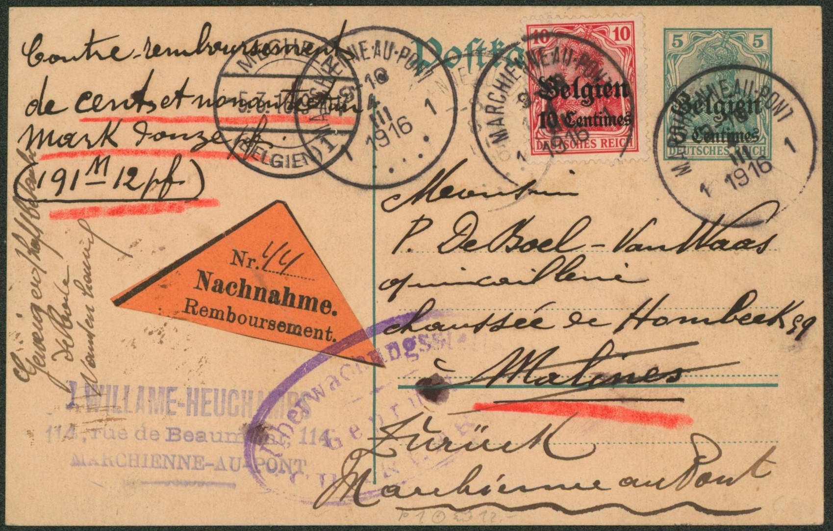 EP au type 5ctm vert + OC3 expédié de Marchienne-au-pont contre remboursement 191M12Pf > Malines + Manuscrit " ZURUCK Marchienne au pont".