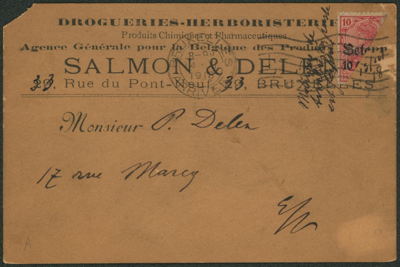 OC3 sur CP imprimée coupé en oblique pour tarif à 5ctm de Bruxelles > La ville. Utilisation peu courante.