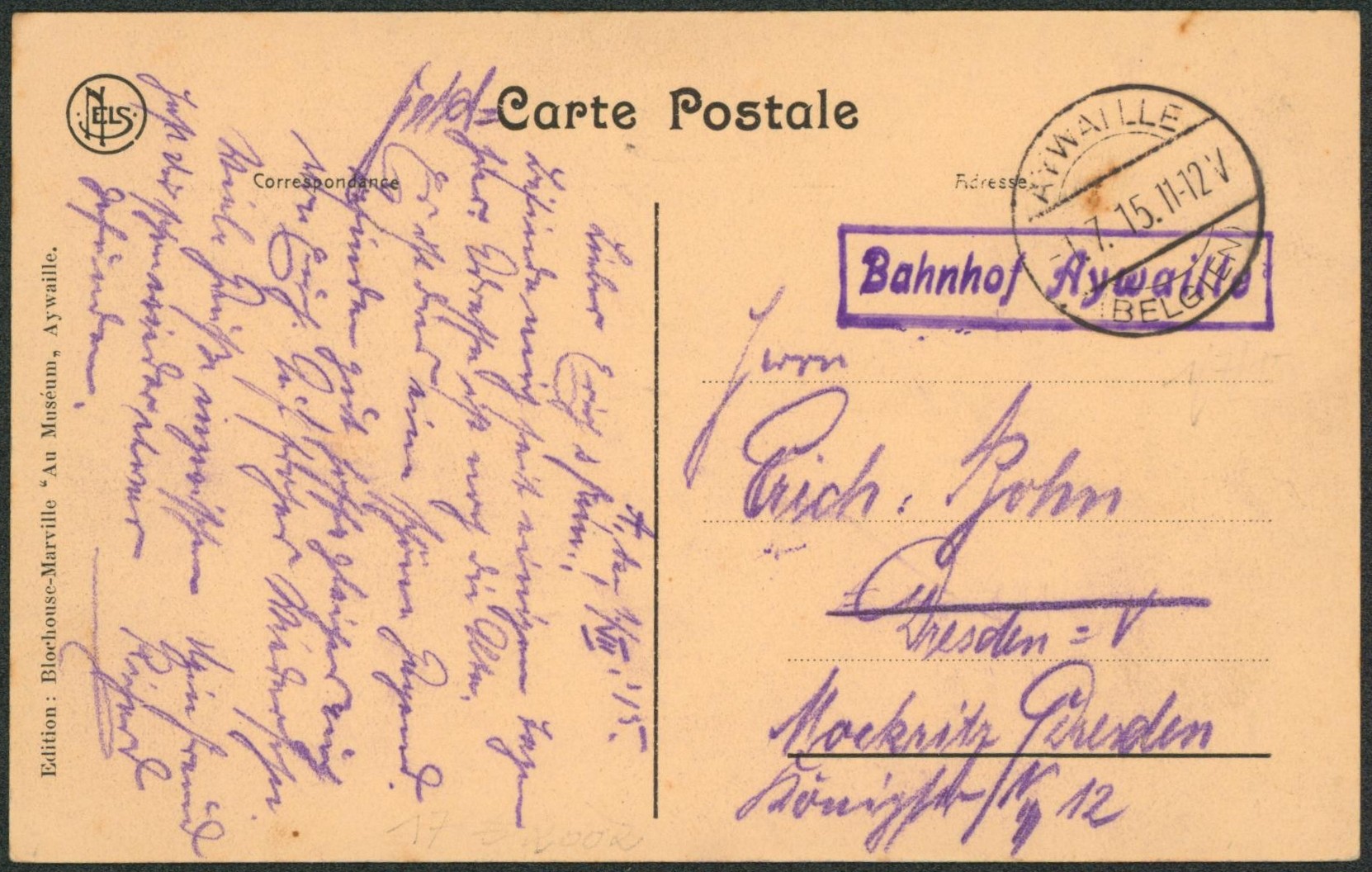 CP en feldpost obl à pont "Aywaille" + encadré "Banhof Aywaille" > Dresden (Allemagne).