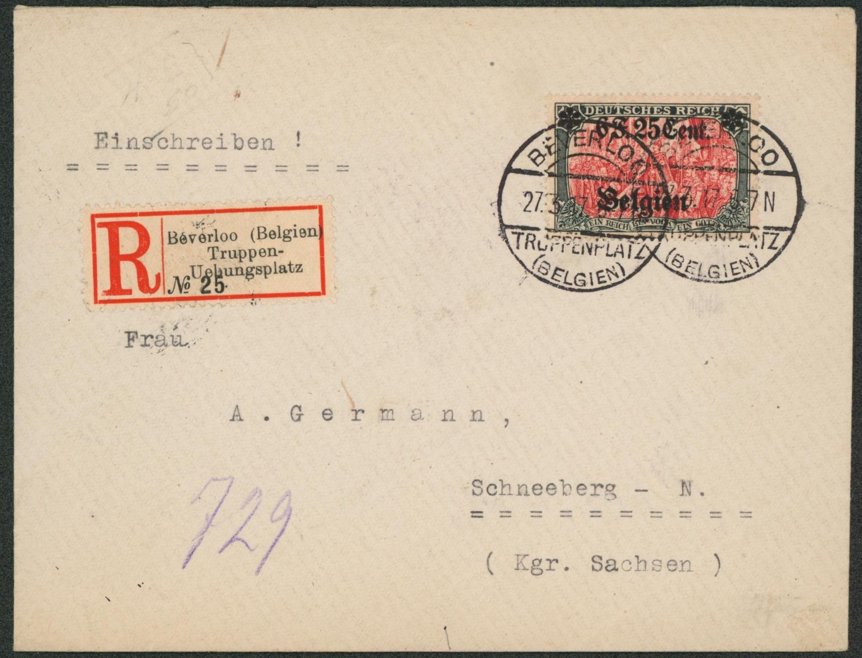 OC25 sur lettre en recommandé çàd obl à pont "Beverloo / Truppenplatz" > Schneeberg (Allemagne). TB