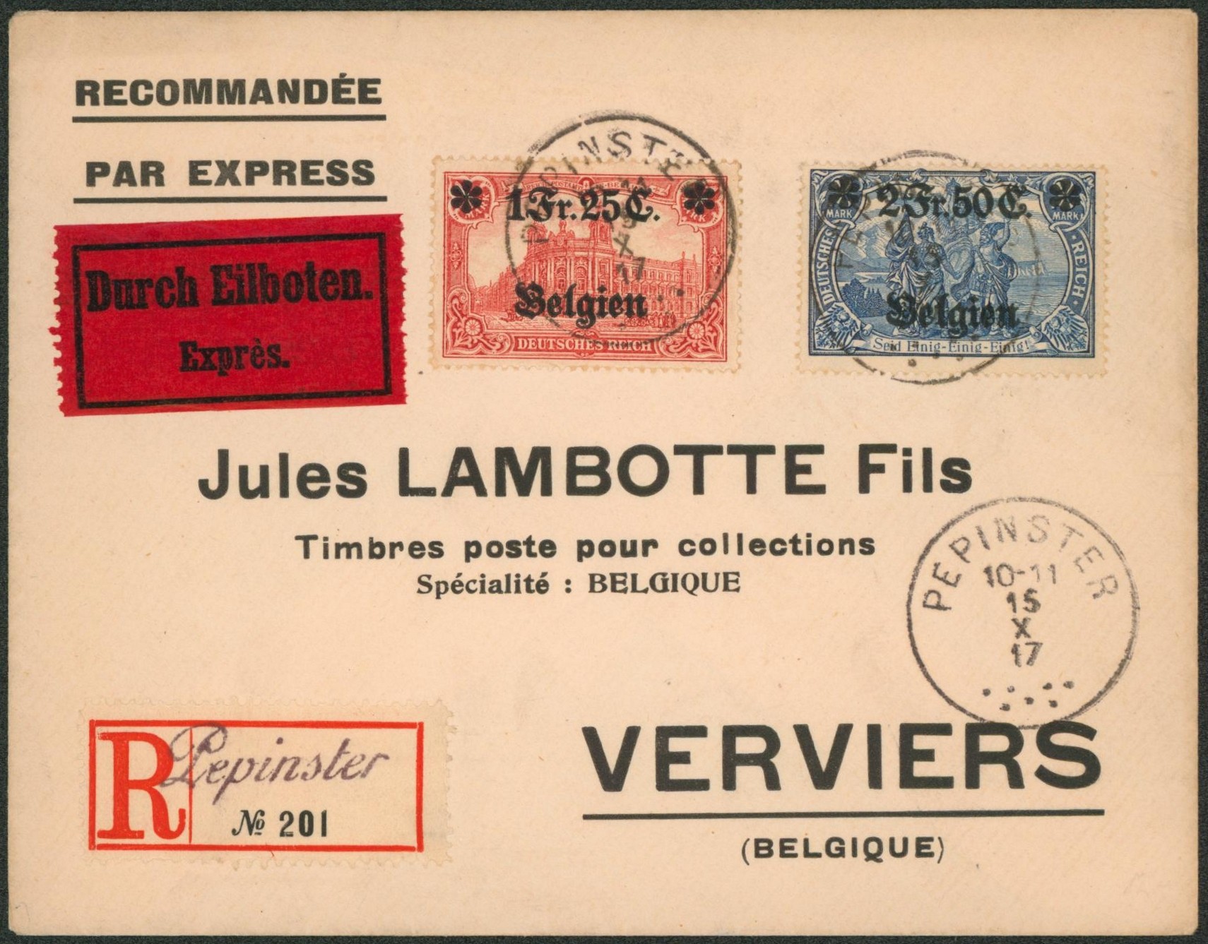 OC8/9 sur lettre en recommandé / expres çàd griffe manuscrite Pepinster > Verviers / J. Lambotte
