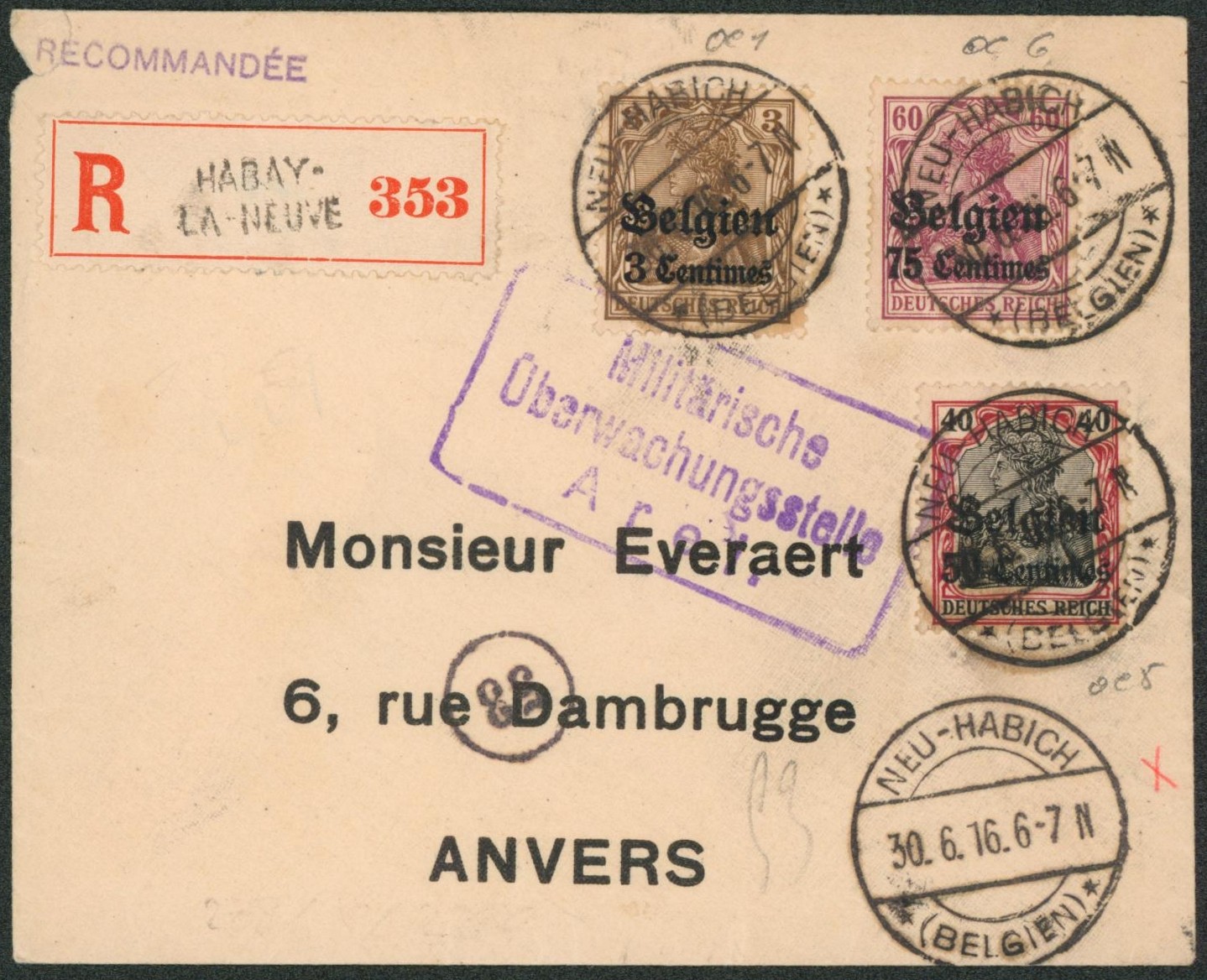 OC1, OC5 et OC6 sur lettre en recommandé de Habay-la-neuve > Anvers.