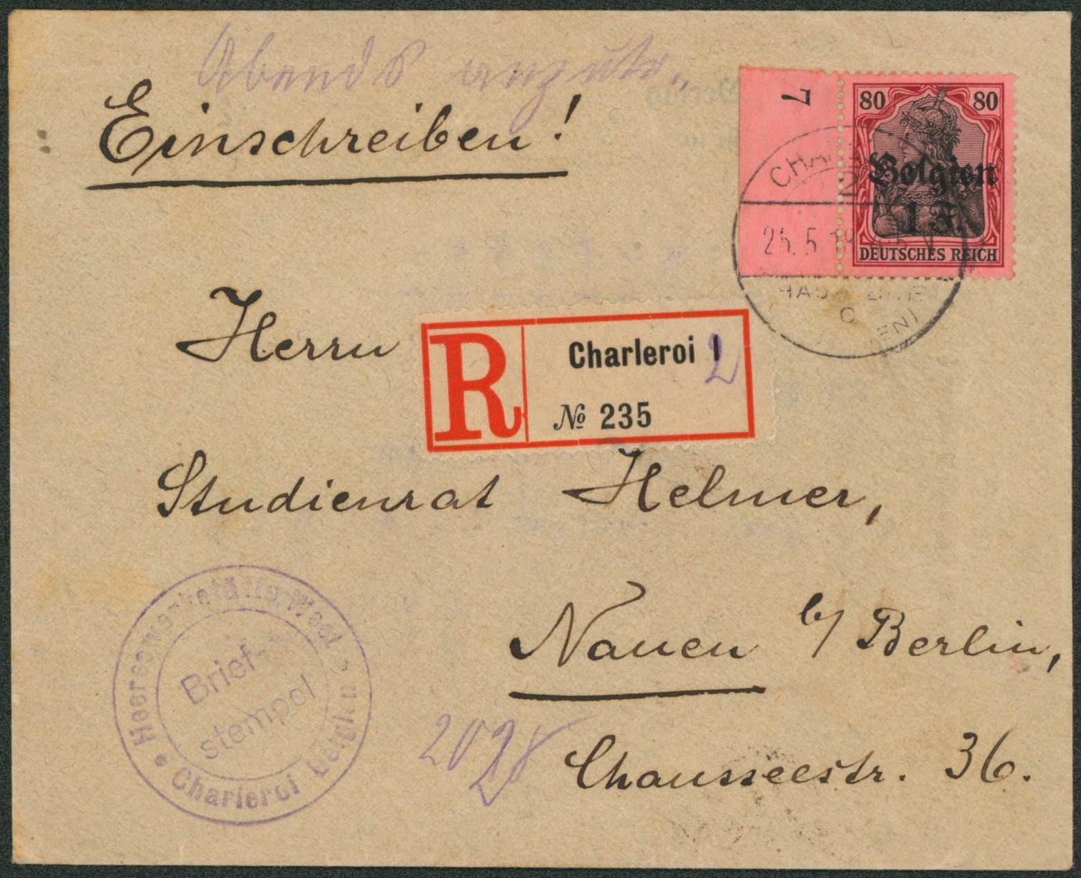 OC22 sur lettre en recommandé de Charleroi + briefstempel > Naeu (Berlin, Allemagne)
