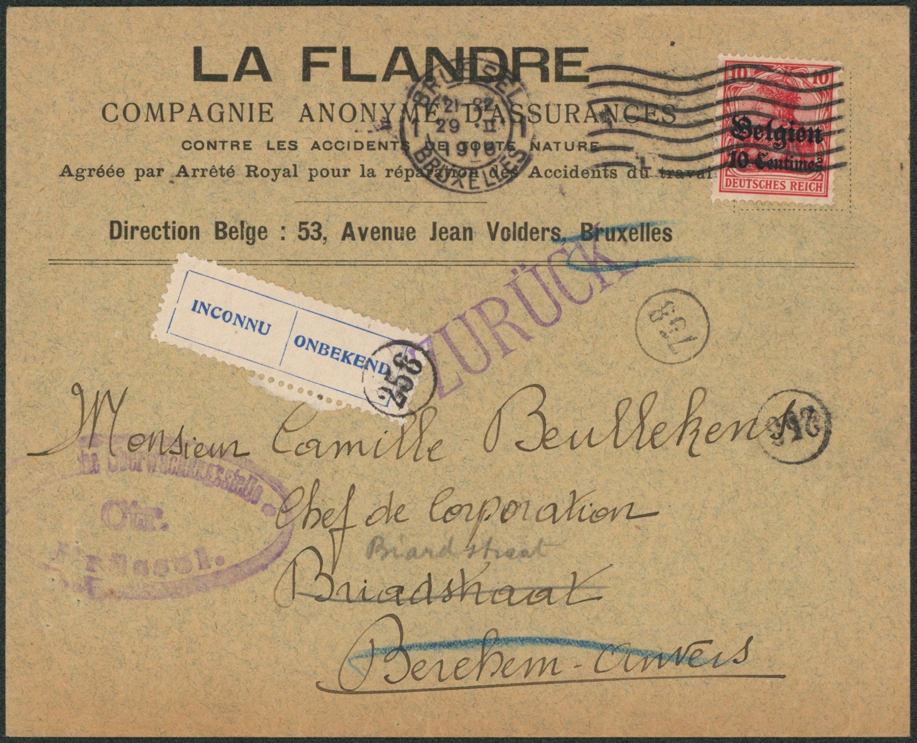OC3 sur lettre expédié de Bruxelels > Berchem. Étiquette "inconnu / Onbekend" et griffe ZURUCK !