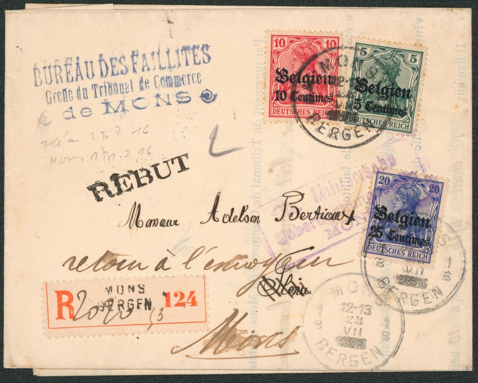 OC2/4 sur lettre en recommandé de Mons / Bergen > Flénu, retour à l'envoyeur + griffe REBUT.