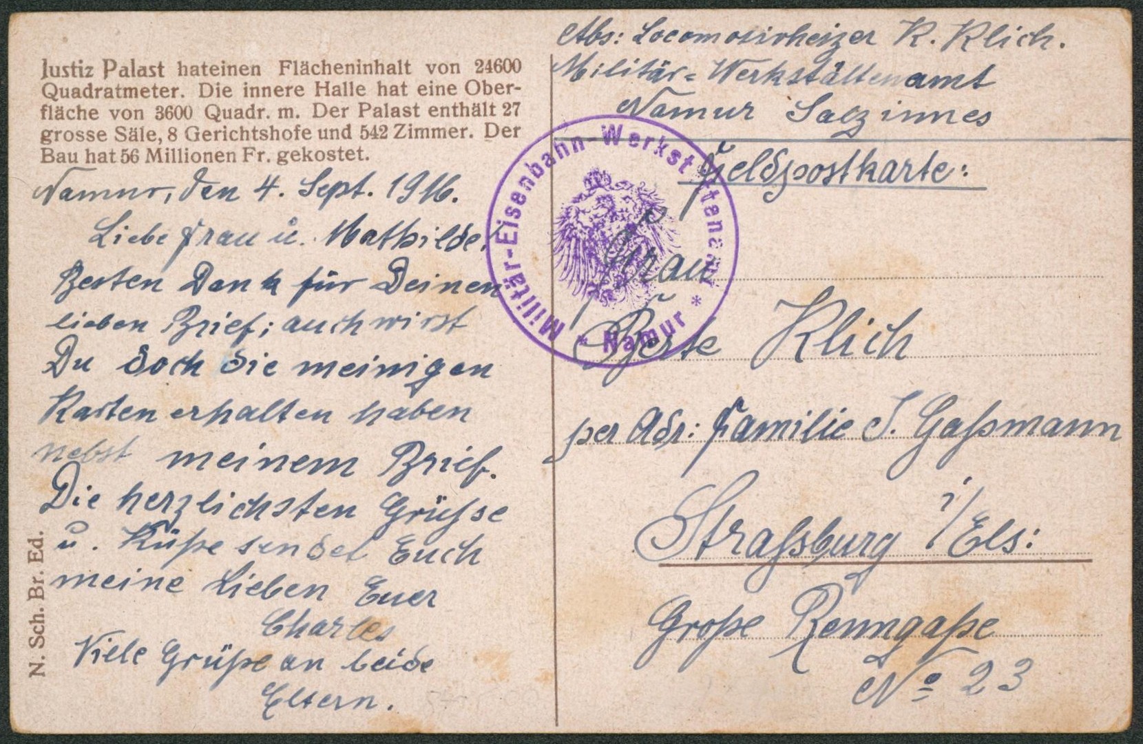 CP en feldpost + cachet avec armoirie (Namur) > Strasburg (Allemagne)