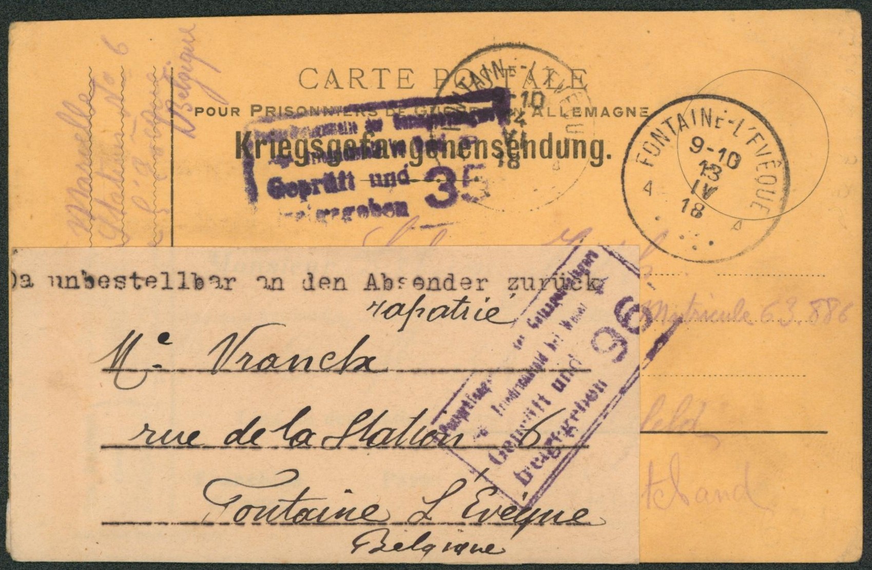 Carte postale pour prisonnier de guerre en Allemagne expédié de Fontaine-l'évêque > Friedrichsfeld (camp) + papillon de retour (prisonnier rapatrié).