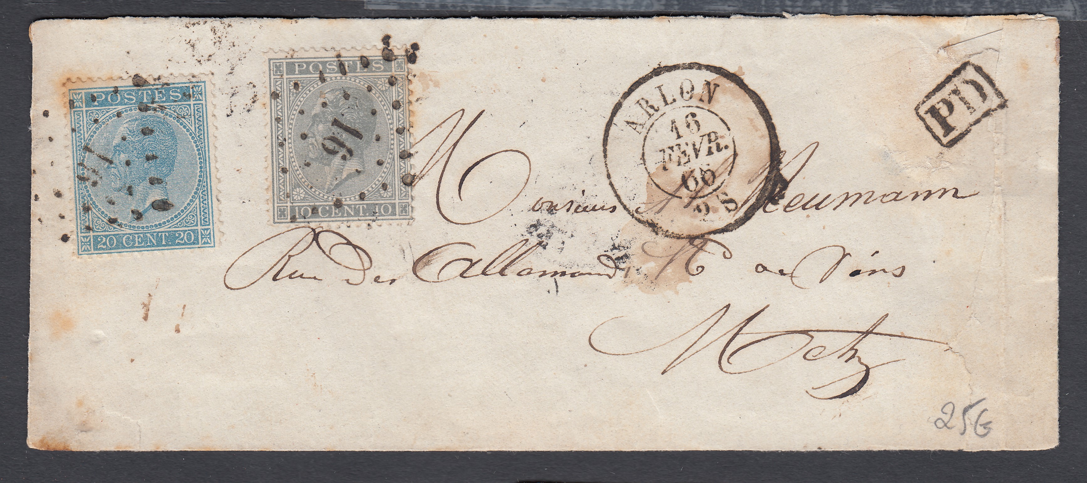 17 +18 sur lettre d'Arlon le 16 fevr.1866 vers Metz, France. Cachets de passages et Càd au verso.