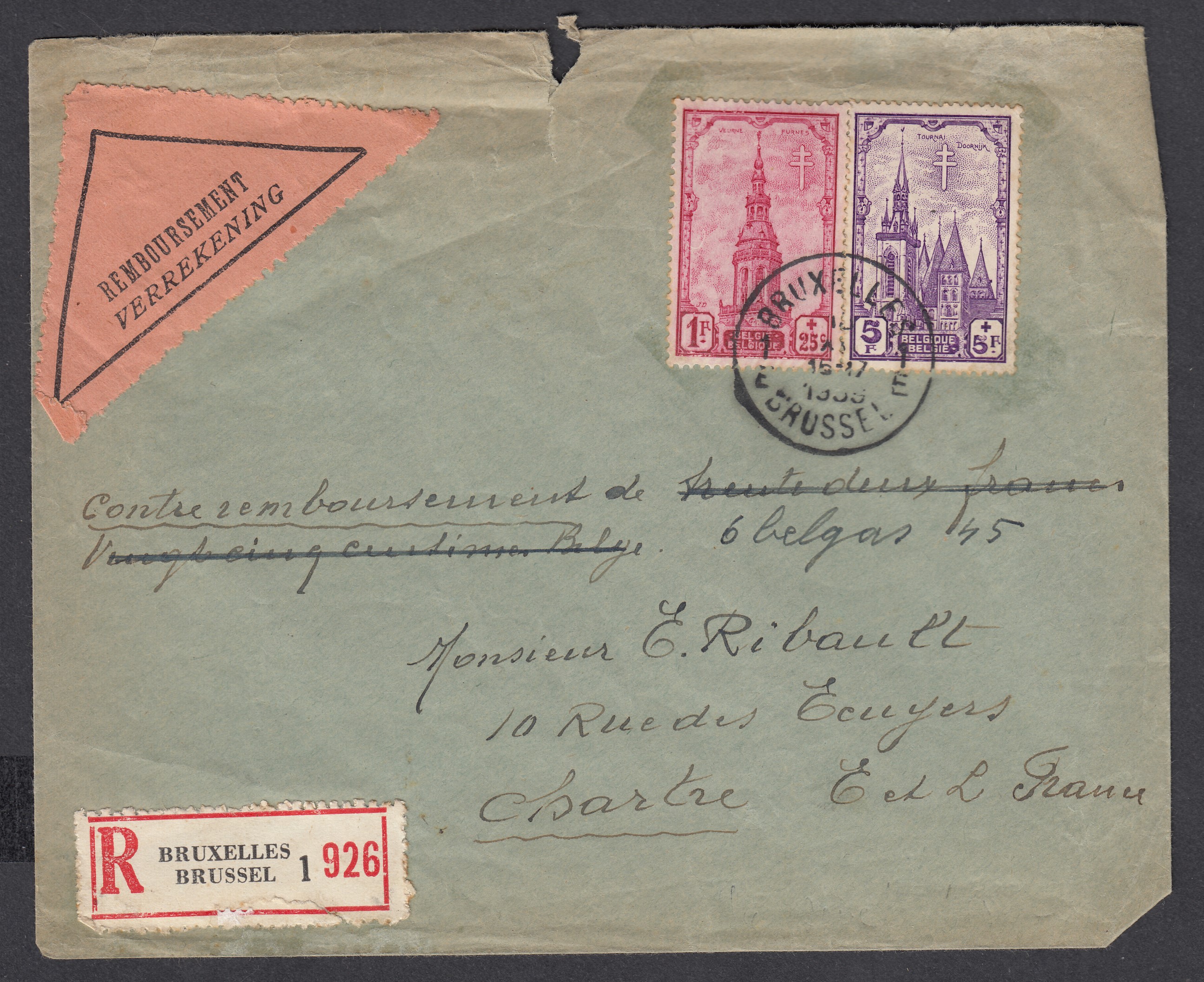 523 +526 sur lettre en recommandé contre remboursement (Etq.triangulaire) de BXL le 16.XII.1939 vers Chartre, France. Càd au verso.
