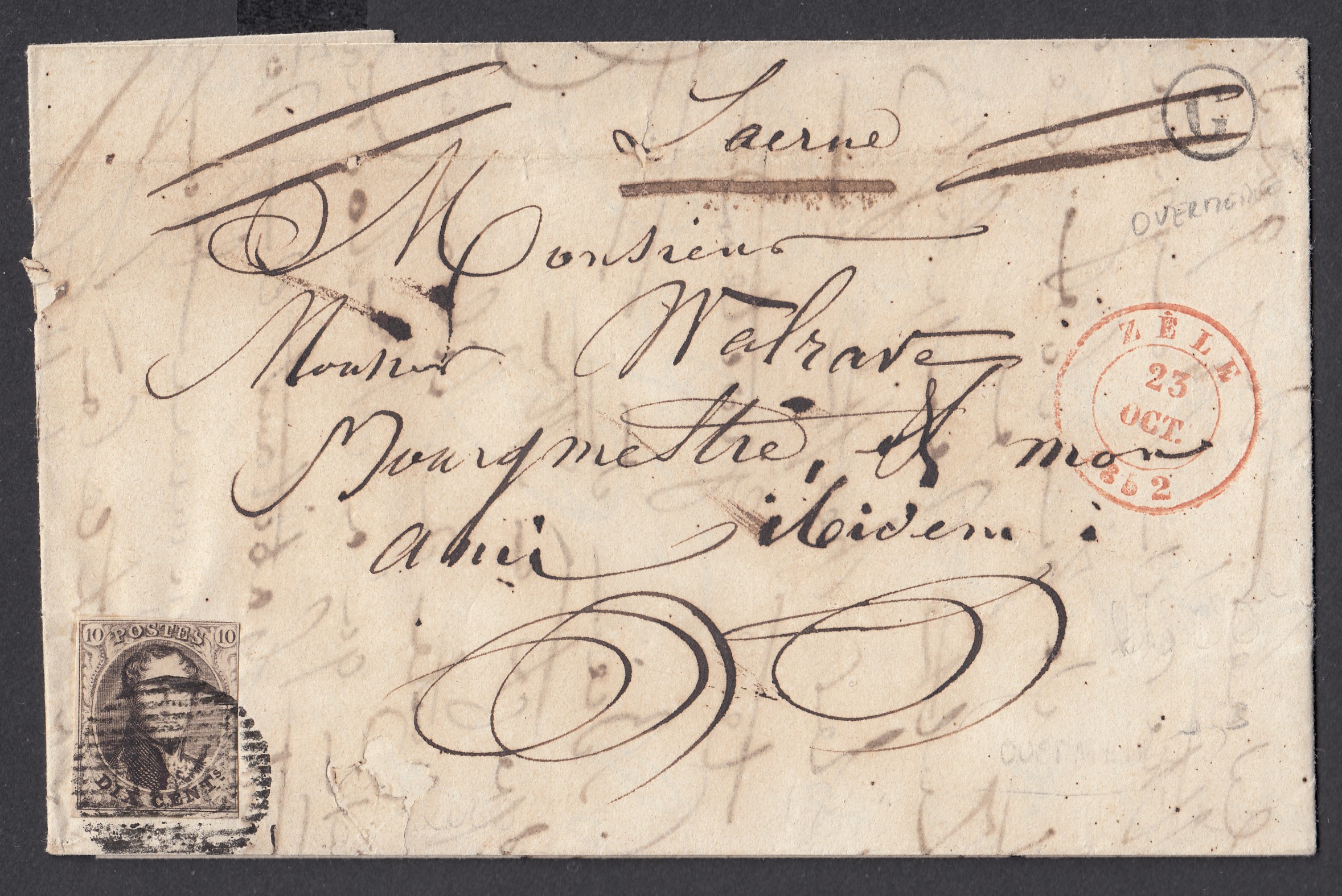 6 au filet sur LAC datée d'Overmeire le 23 8bre 1852, de la boîte rurale « G« via Zèle (P137 ) le 23 oct.1852 vers Wetteren. Càd au verso.