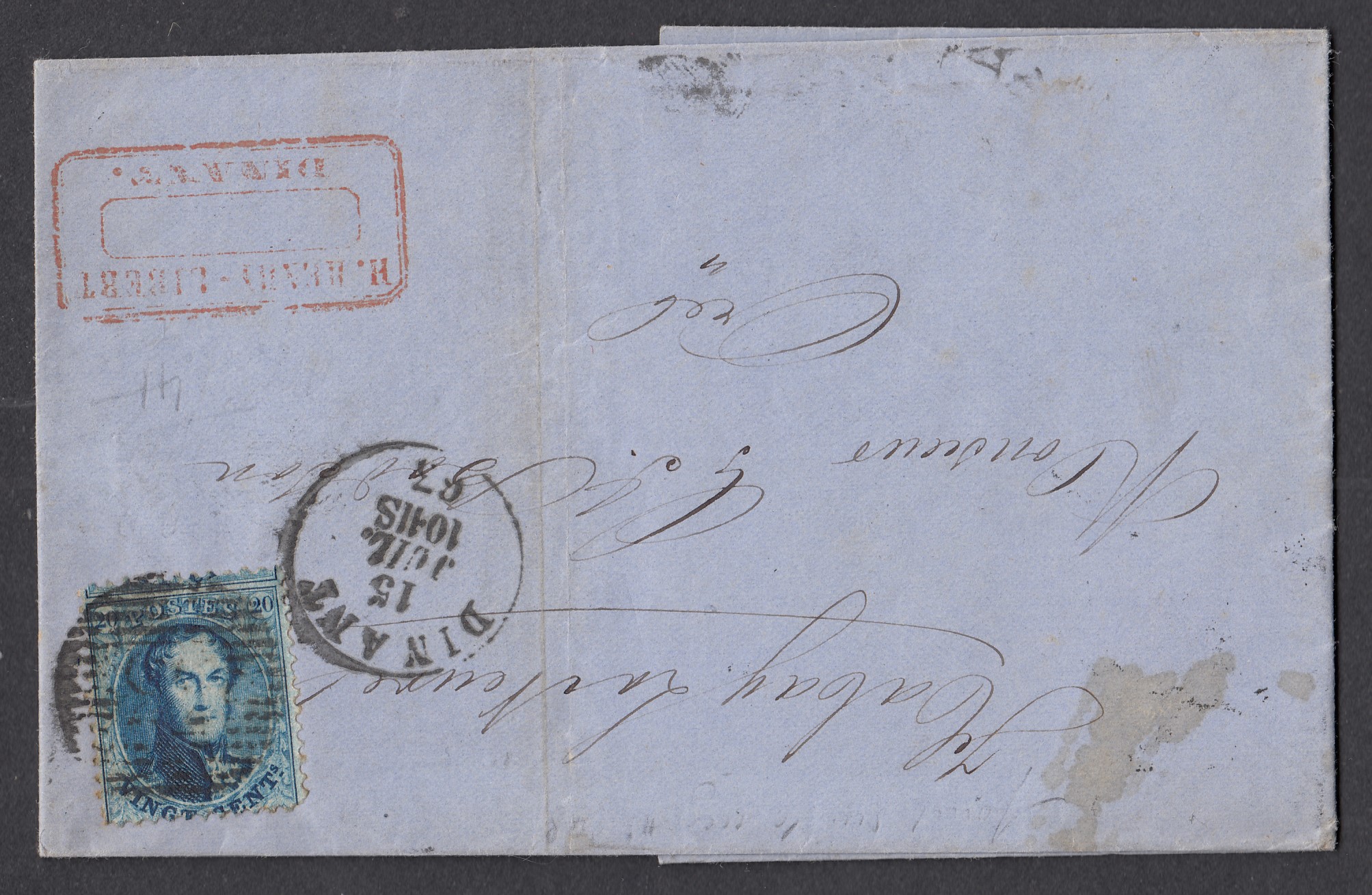 20c « médaillon dentelé » sur LAC de Dinant (P33 ) le 15 juil.1863 à destination d'Habay-la-Neuve. Càd au verso.