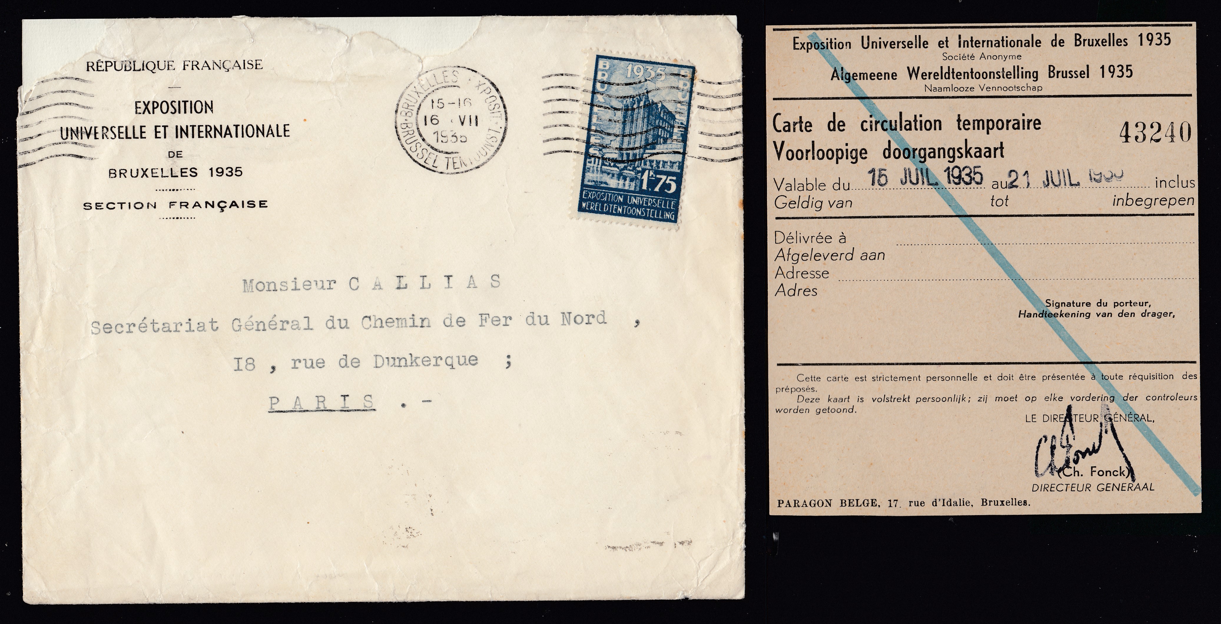 Exposition Universelle de BXL : Carte de circulation temporaire + 389 sur lettre de BXL le 16.VII.1935 vers Paris. Càd +vignette au verso.