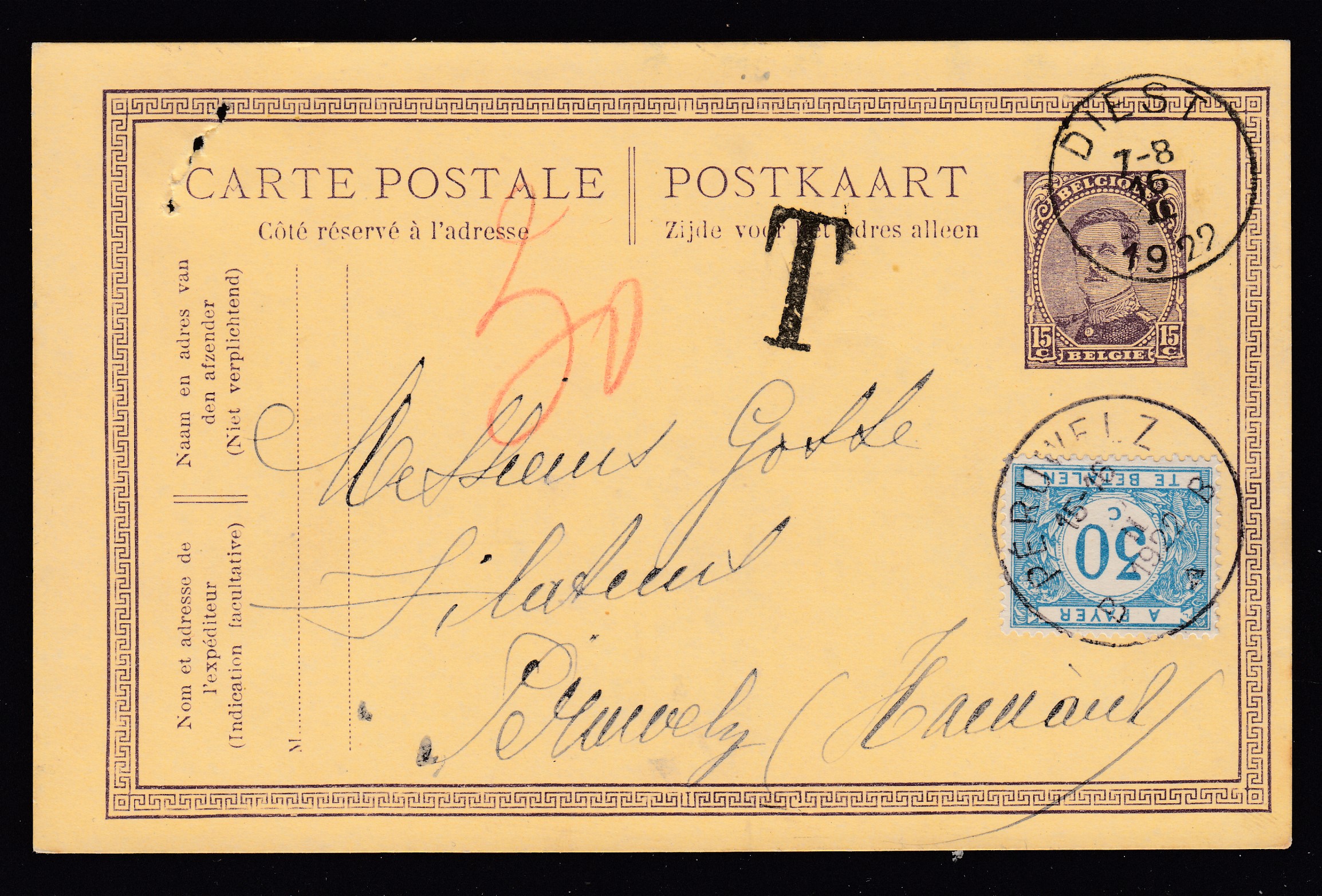 Ep15c type «  Emission de 1915 -Tp 139 » de Diest le 16.II.1922 vers Péruwelz. Taxée 30c à l'arrivée par Tx30.