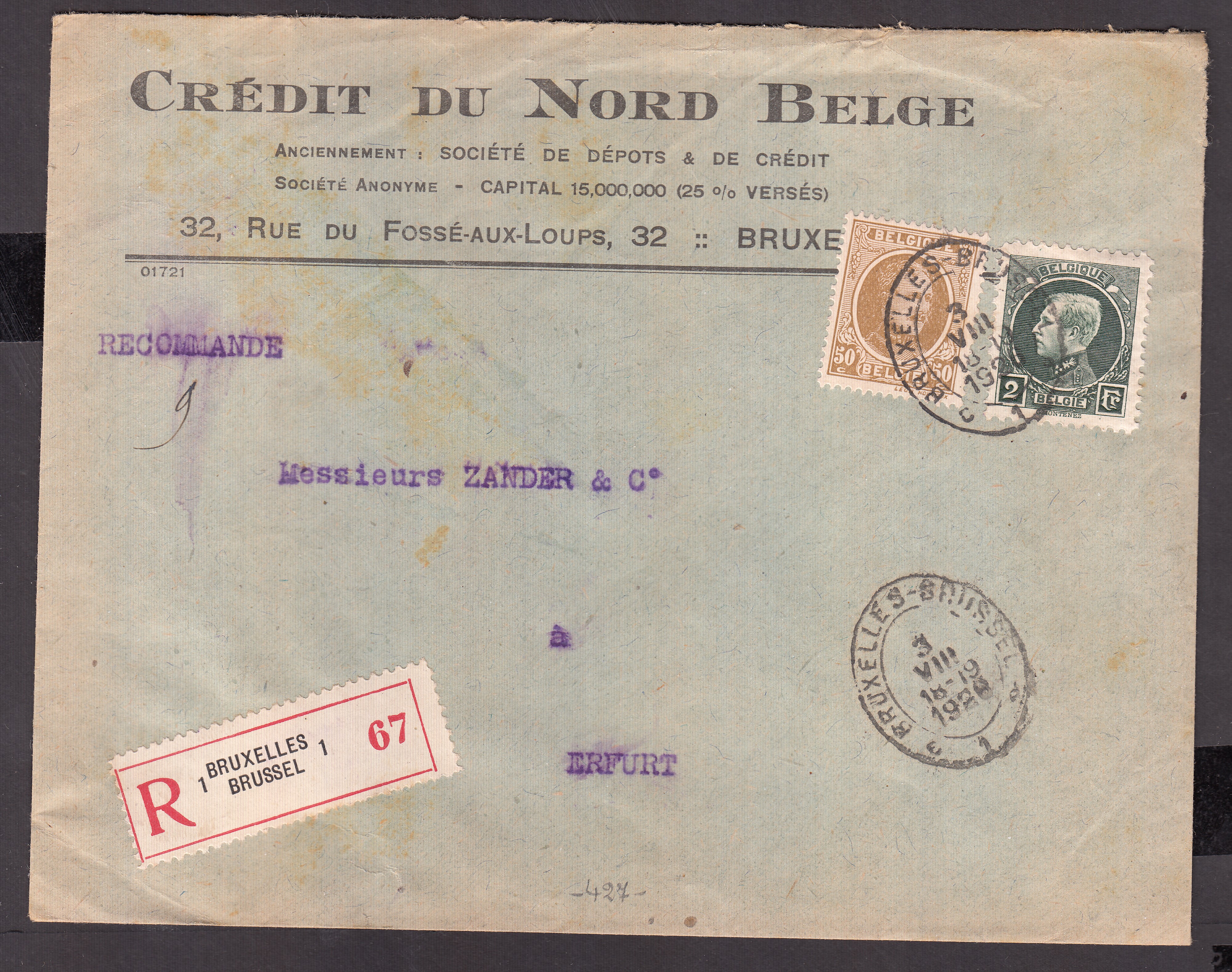 203 +216 sur lettre à entête bancaire, en recommandé de BXL c1 (Cachet ovale) le 3.VIII.1928 à destination d'Erfurt, Allemagne. Càd au verso.