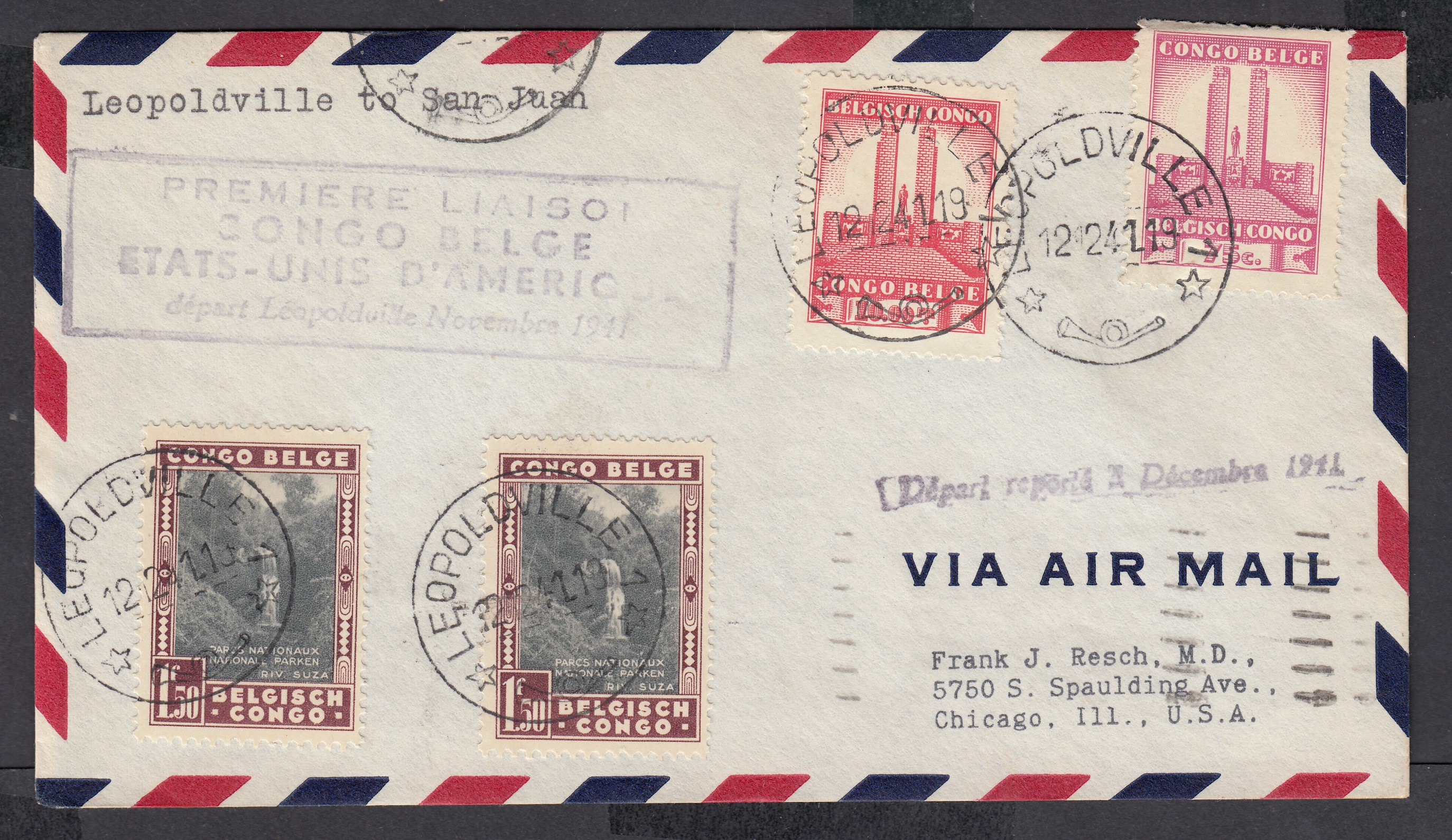 199 x2 +218 +224 sur lettre par avion de Léopoldville le 12.12.1941 ( Cachet rectangulaire « 1er LIAISON..... ») vers Chicago, USA. Càd au verso.