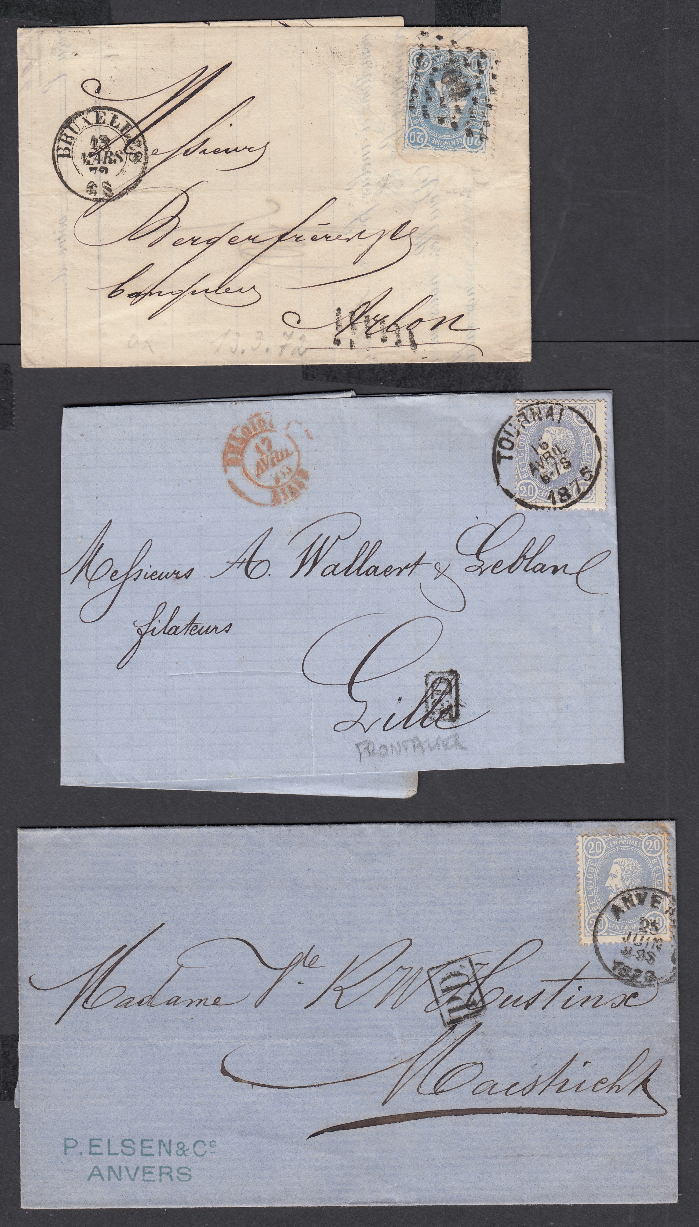 Lot de 3 lettres : 32 sur LAC expédiées de BXL vers Arlon (Facture  L'UNION DU CREDIT) +Tournai (S.C.) vers Lille et Anvers (S.C.) vers Maastricht.