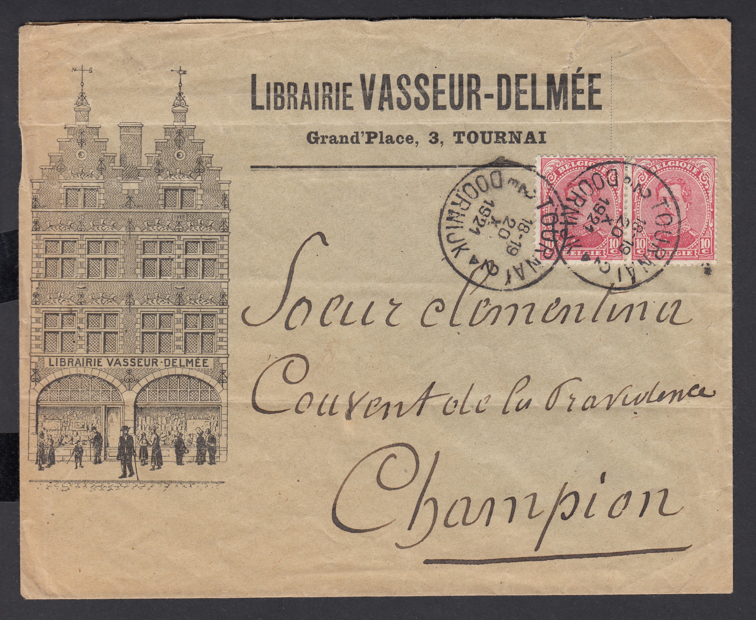 138 en paire sur lettre à entête illustrée « Librairie VASSEUR-DELMEE », de Tournai le 20.X.1921 vers Champion.