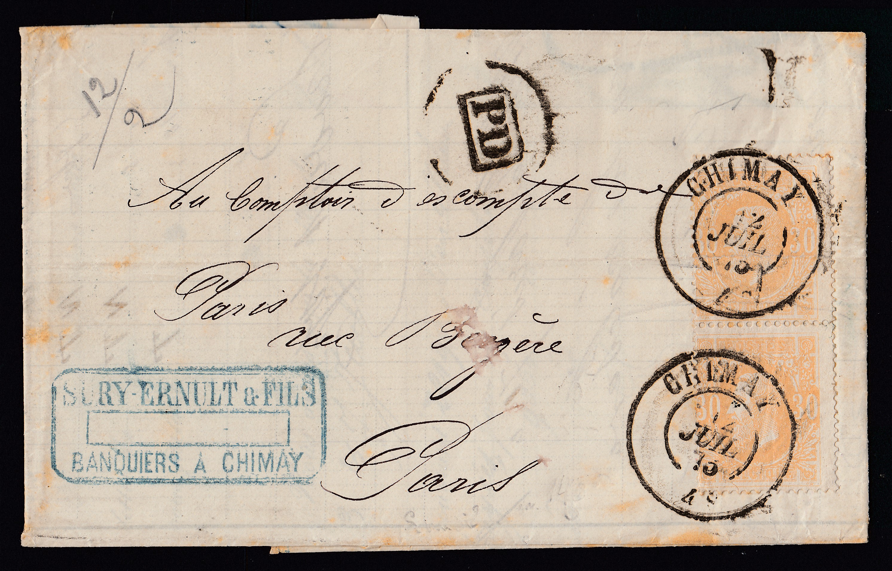 33 en paire verticale sur LAC ( Bordereau Banque et Recouvrements SURY-ERNULT) de Chimay ( Cachet D.C.) le 12 juil.1875 vers Paris.Cachets « FRANCE PAR CHIMAY » +Ambt Fr. +Càd au verso.