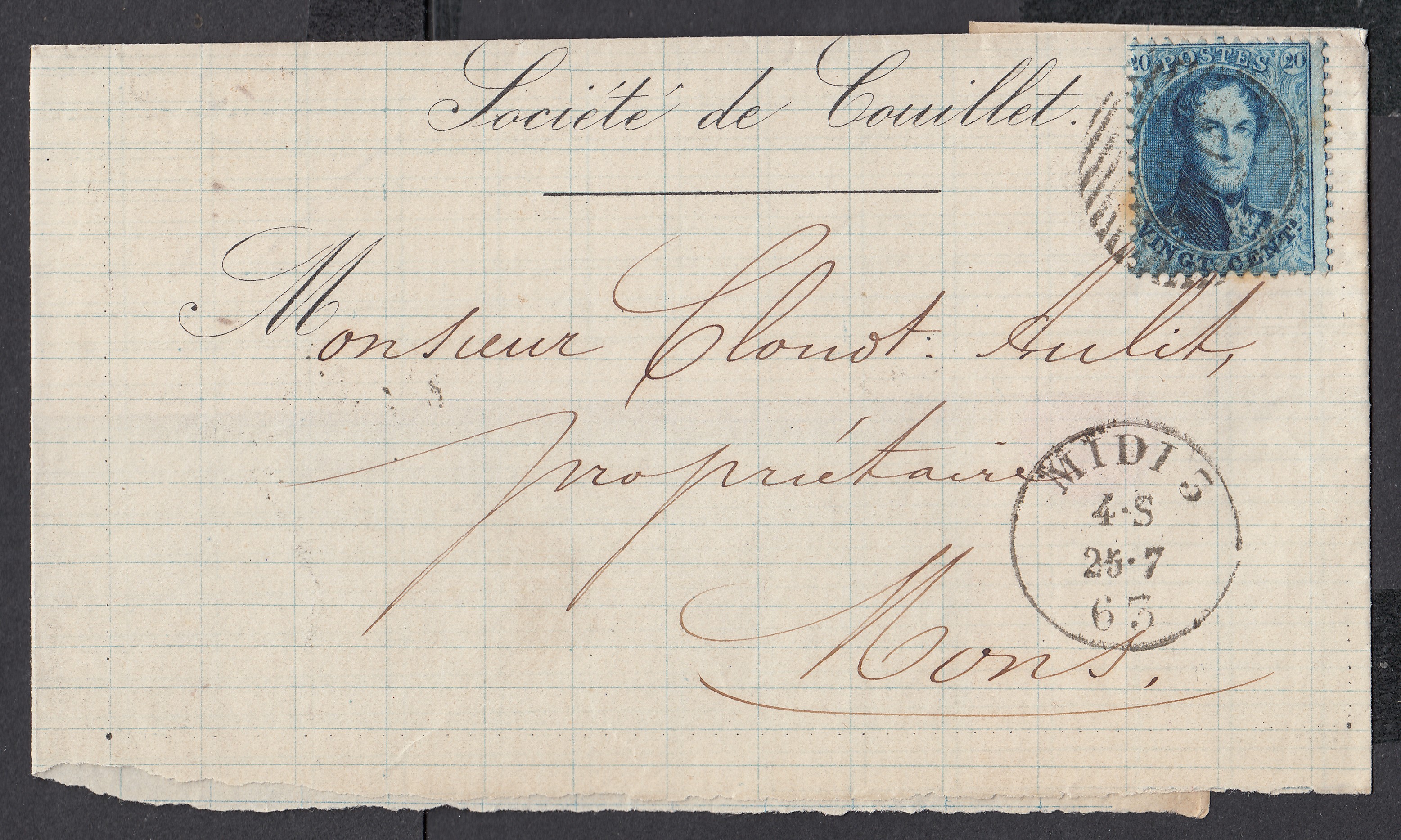 20c « médaillon dentelé » sur LSC à entête « Société de Couillet », de Couillet par l'Ambt Midi 5 le 25.7.1863 vers Mons. Càd au verso.