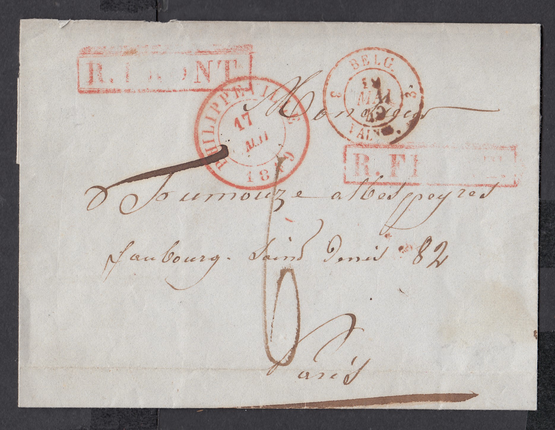 LSC de Philippeville le 17 mai 1849 ( 2 Griffes encadrées « R FRONT » en rouge) vers Paris.