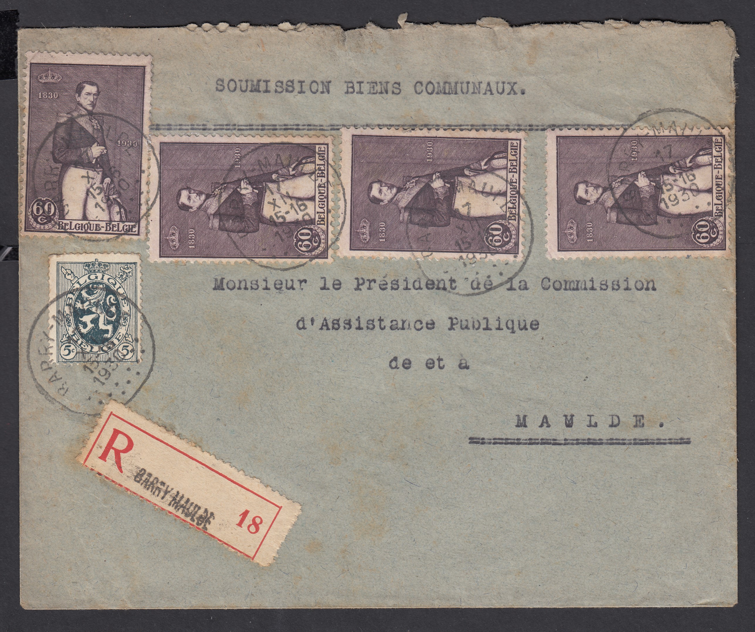 279 +302 x4 sur lettre en recommandé de Barry-Maulde le 17.XII.1930 vers Maulde.