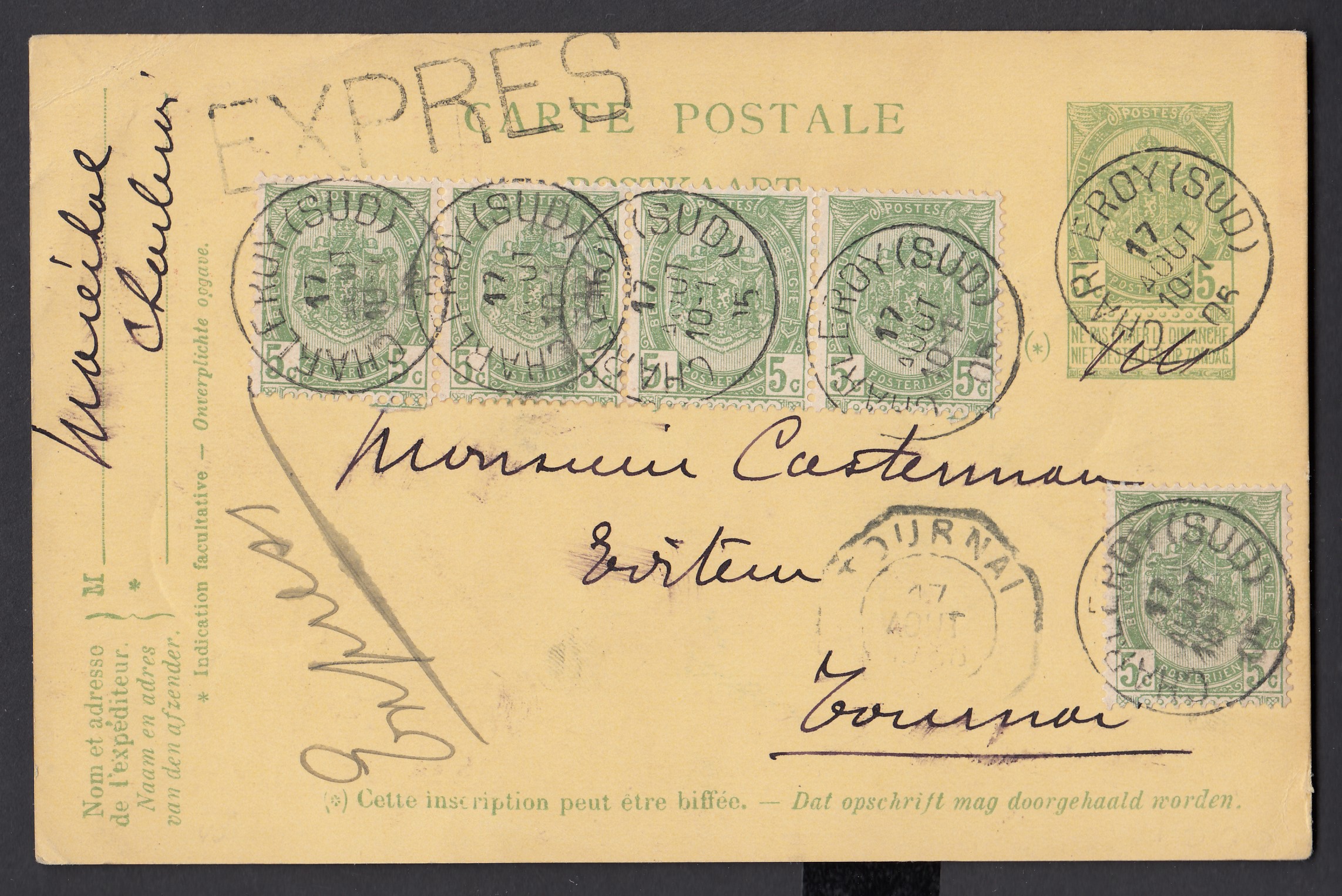 56 x5 dont une bande de 4 sur Ep5c type « Fine Barbe -Tp 56 » en exprès de Charleroy (Sud) le 17 août 1905 vers Tournai. Càd au recto.