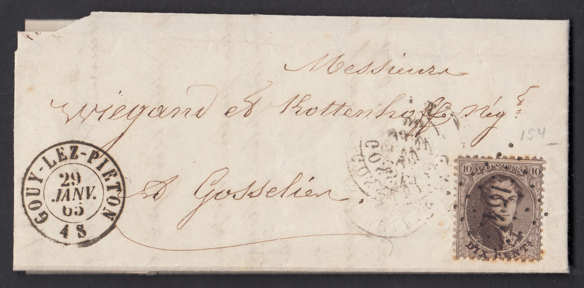 10c « médaillon dentelé » sur LAC de Gouvy-lez-Pieton ( Lp154) le 20 JANV 1865 vers Gosselies. Càd au verso.