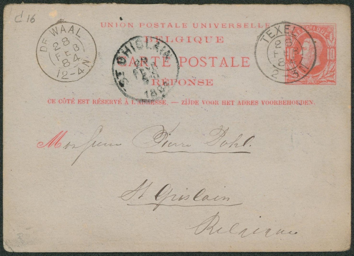 Ep (réponse) au type 10ctm rouge expédié de Texel via De Waal (Pays-Bas) > St-Ghislain