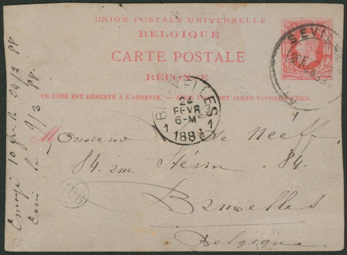 Ep (réponse) au type 10ctm rouge expédié de Sevilla (Séville, Espagne) > Bruxelles