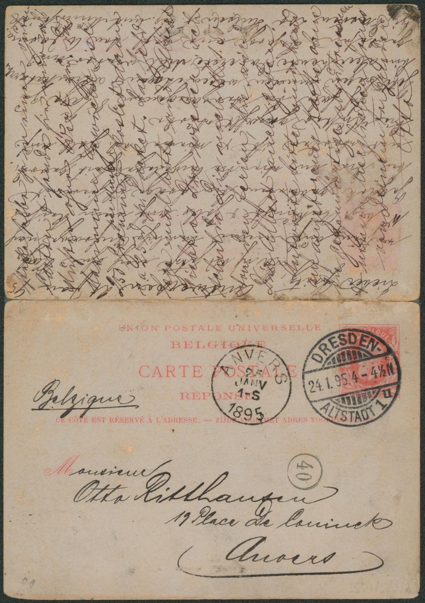 EP (double) au type 10ctm rouge expédié de Anvers (Place-St-Jean) > Dresden (Allemagne) + réponse. Complet, charnières de soutiens.